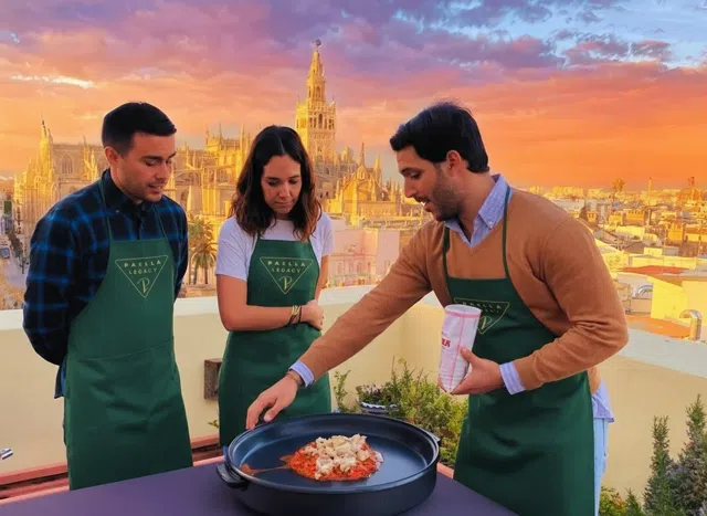 Cooking paella on a Seville rooftop under the Giralda