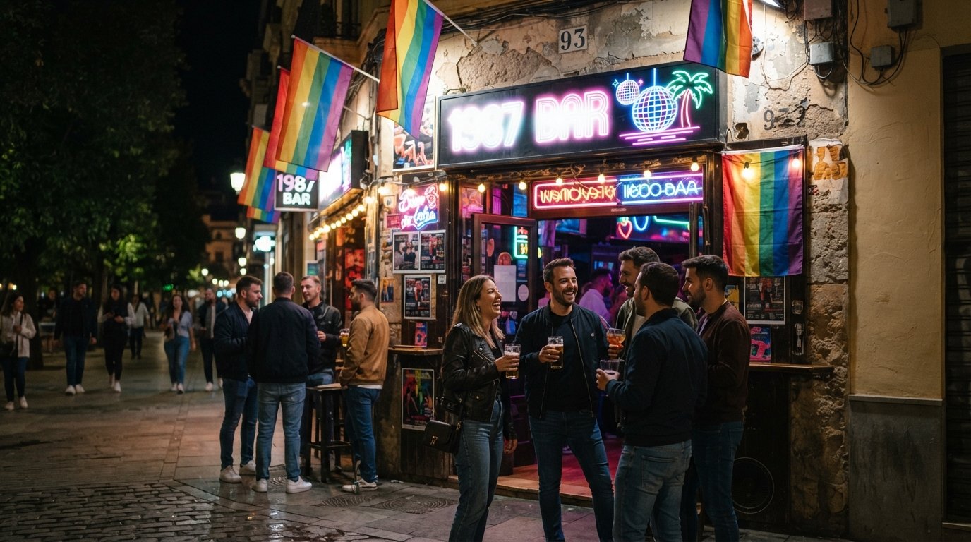 the neon-lit frontage of 1987 Bar on Alameda 93 at night, rainbow flags, 80s discopub signage and people gathering outside